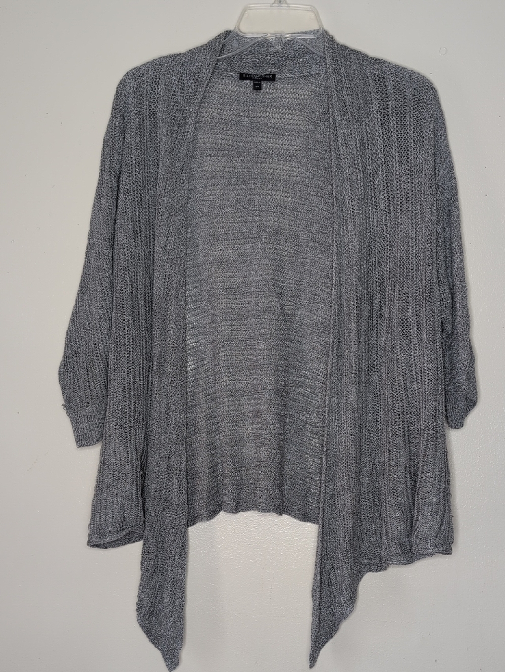 Eileen Fisher Grey Open-Front Knit Cardigan Sweater Silk Linen 3/4 sleeve S 2X